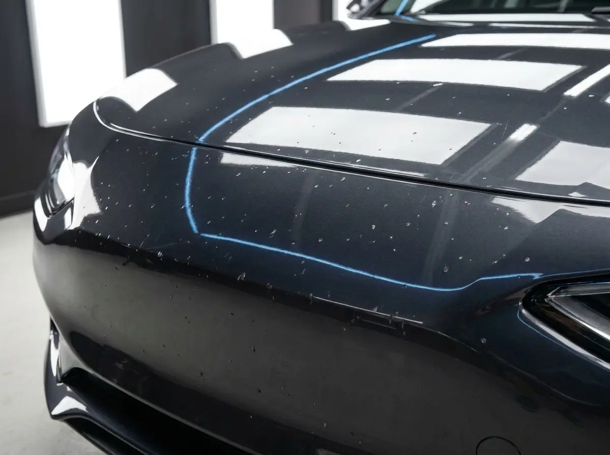 Stone-chipped car front panel before paint protection film